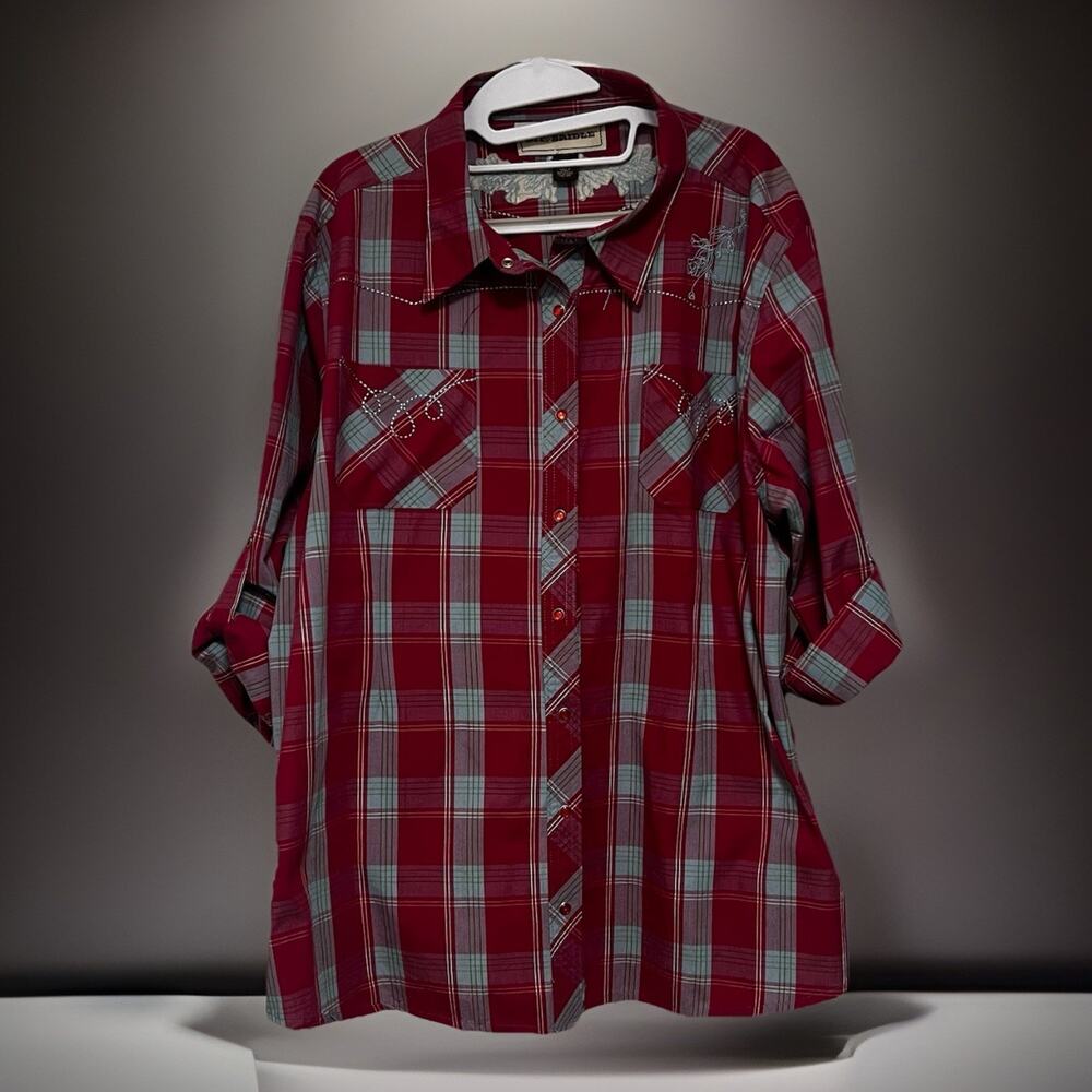 Bit & Bridle Size 2XL Shirt Pink Plaid Pearl Snaps Embroidered Long Sleeve